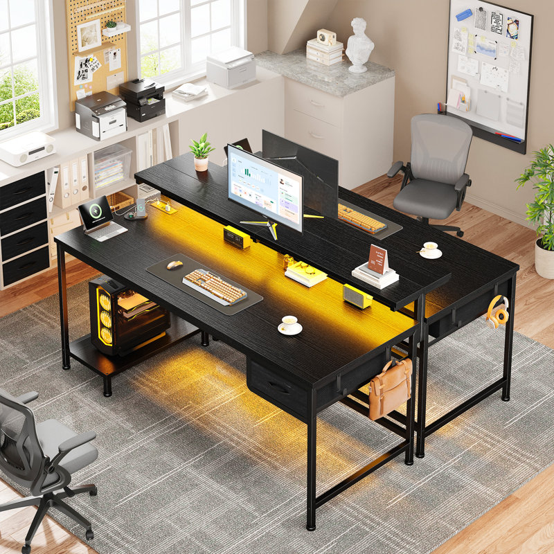 Small Home Office Computer Desk With Power Outlet And CPU Stand, Gaming Desk With Monitor Stand & LED Lights, Black/Black