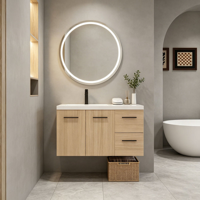Ensemble de meuble-lavabo flottant mural 36 po avec lavabo 36 po, chêne clair, 2 portes et 2 tiroirs, plateau lavabo en gel, 3 boîtes