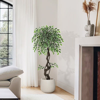 Ficus artificiel réaliste 4 pi - plante de plancher réaliste avec pot de fleurs en céramique blanche, galets décoratifs et mousse verte, décoration intérieure / extérieure sans entretien pour le salon, le bureau, la maison