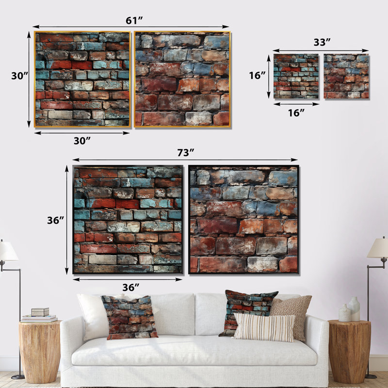 Brick Wall Elegance II - ensemble de 2 décorations murales en brique, Toile tendue, H 16 po x l 33 po x P 1 po