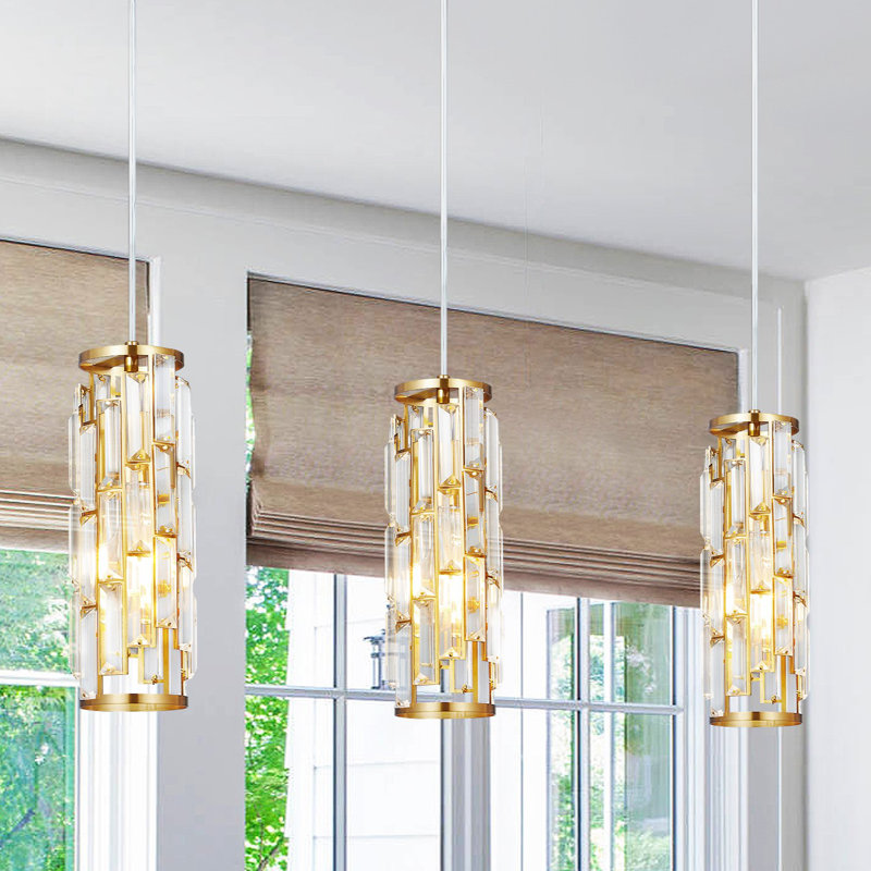 Taveyon Crystal Cylinder Pendant Lights Kitchen Island, Gold, 3 Lights