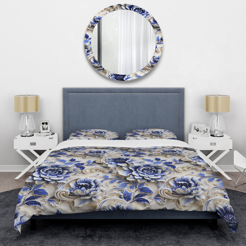 Ensemble de housse de couette à volutes de style baroque bleu cobalt, Housse de couette simple + 1 taie décorative stan