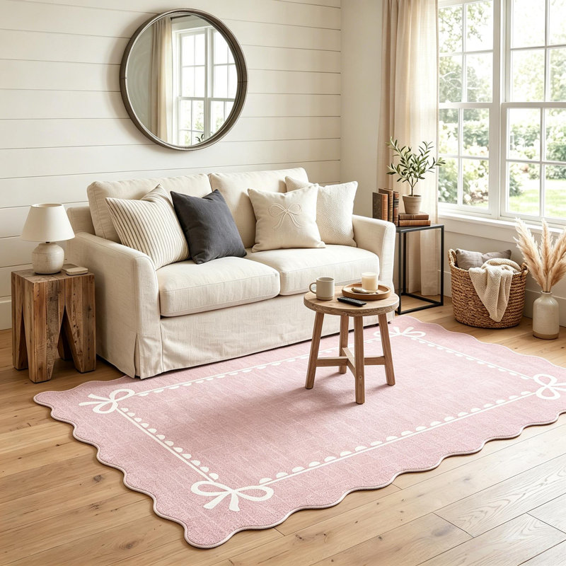 Tapis festonné lavable à nœuds pour chambre de bébé et couloir, Rose, Rectangle 8' x 10'