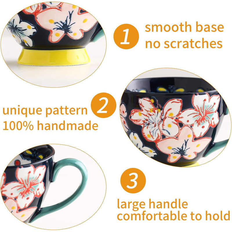 Sets of 4 12 oz Floral Cute Coffee Mugs, Blue/Black/Green