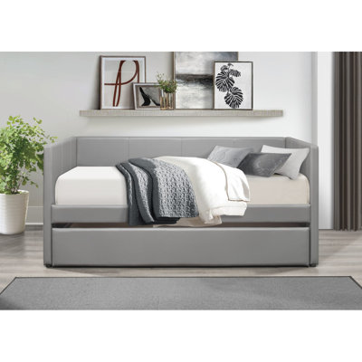 Gray Faux Leather Upholstered Contemporary Daybed With Trundle Wooden Furniture 1Pc