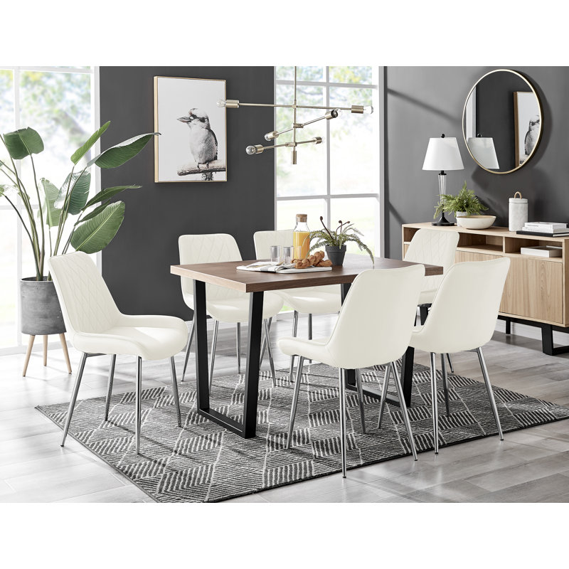 White High Gloss Rectangular 6 Seat Dining Table Set with Luxury Velvet Dining Chairs, Brown, Cream/Silver
