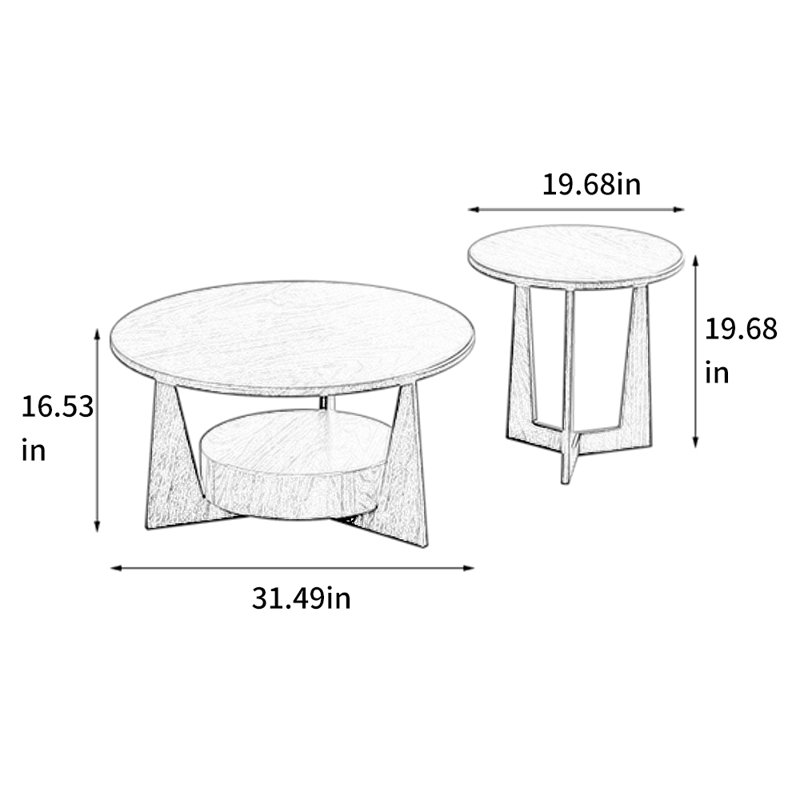 Round Coffee Table Set with Pine Wood, Black