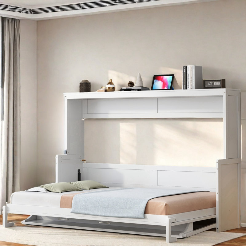 Trevyon Classic Murphy Bed With Hydraulic Lift & Desk Design, White, Queen