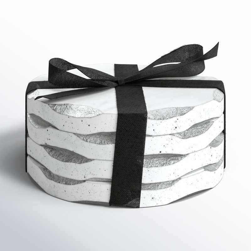 Edica Marquise Raw Edge Marble Coaster Set, White/Silver