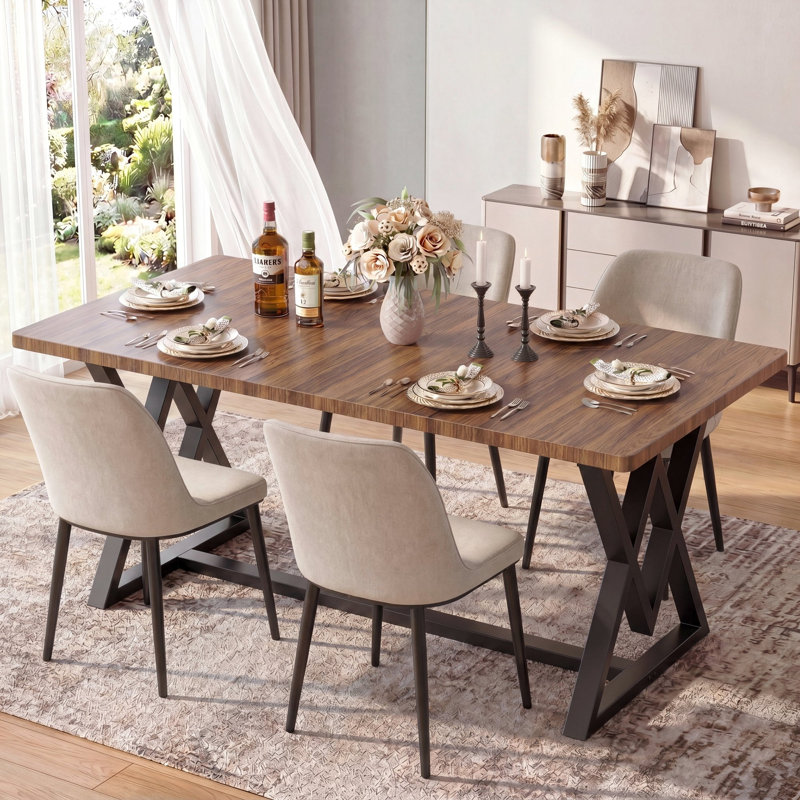 Table de salle à manger moderne 63 ", brun rectangulaire, table de salle à manger pour 4 à 6 personnes avec pieds en métal noir
