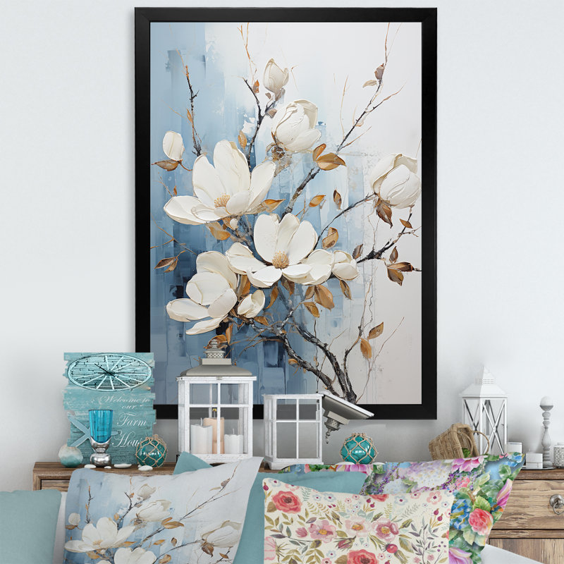 «Magnolias I» bleu et doré sur toile, Cadre simple noir, H 32 po x l 16 po x P 1 po