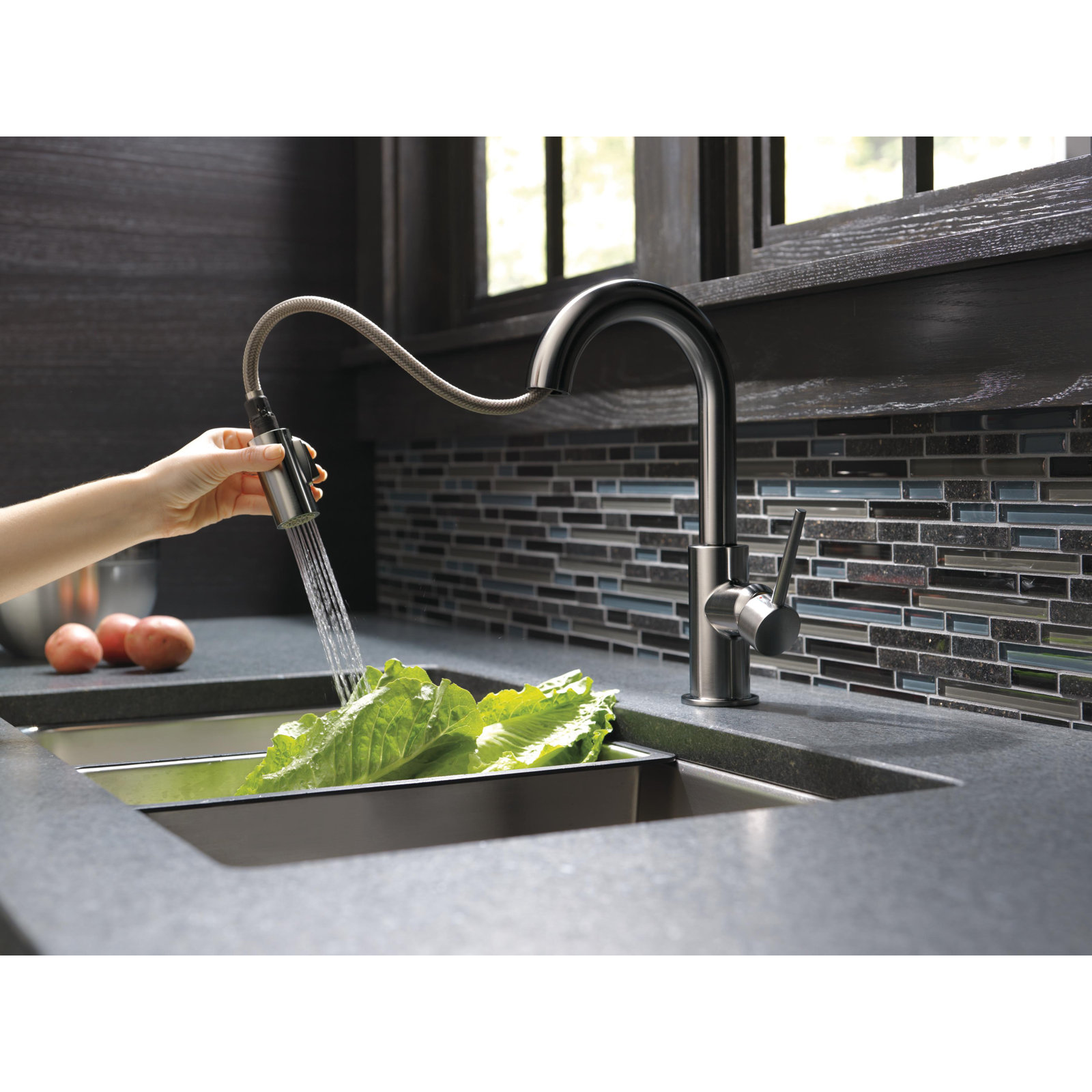 Trinsic Pull Down Sprayer Bar Faucet, Single Handle Prep Sink Faucet, Black Stainless