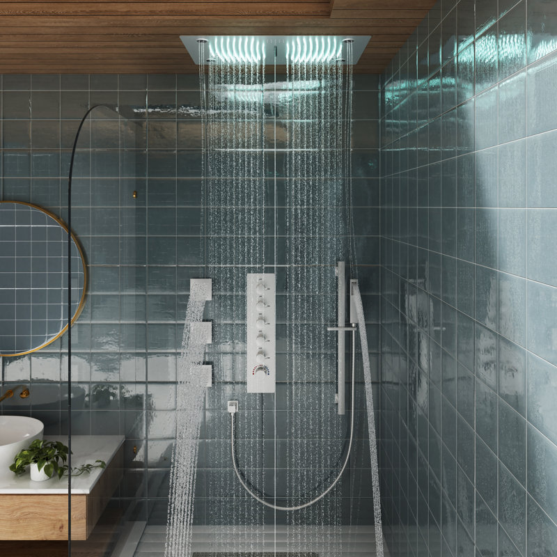 Système de douche thermostatique complet encastré à 5 fonctions avec DEL et musique Bluetooth Rodeo L x 16 po, Nickel brossé