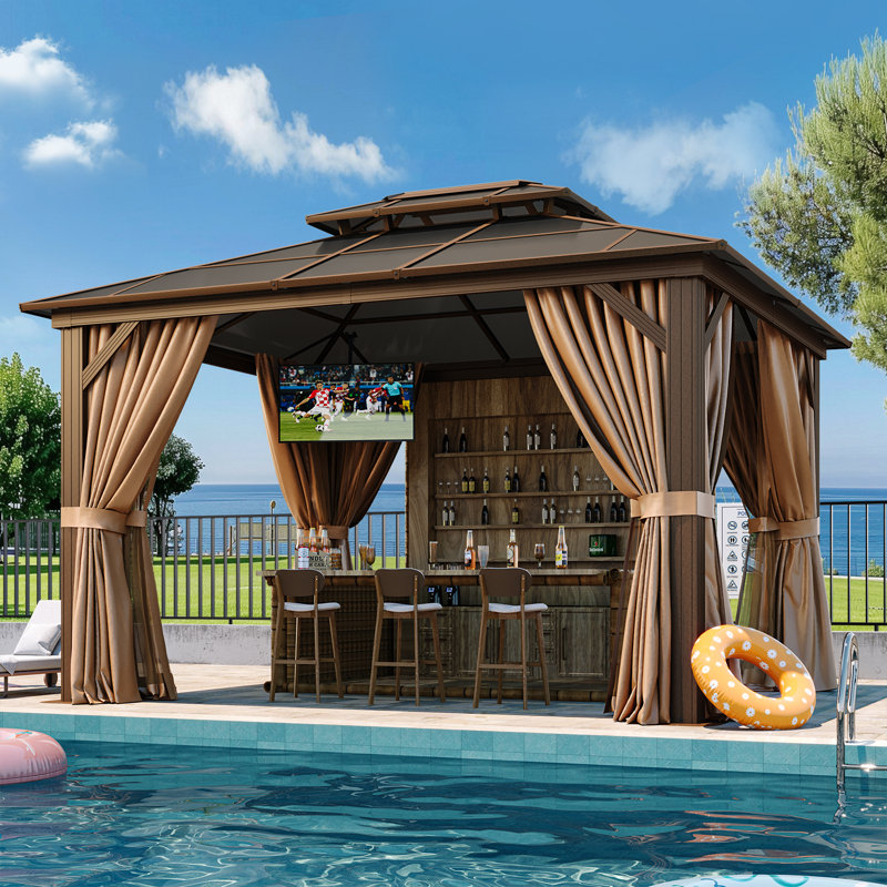 12 Ft. W x 10 Ft. D Metal Patio Hardtop Gazebo, Brown