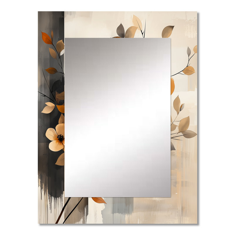 Bouquet de fleurs de cerisier botanique orange gris I - grand miroir fleur de cerisier, miroir mural décoratif traditionnel, impression d'art en métal