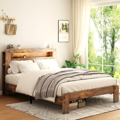 Structure de lit double, structure de lit plateforme en bois avec tête de lit à DEL avec rangement et 2 ports USB