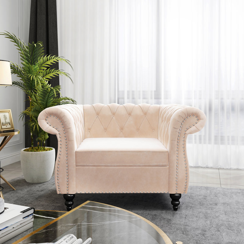 Engelgard Velvet Chesterfield Chair, Beige Velvet