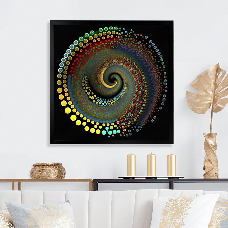 Iridiscdent pointillism spiral sur toile, H 16 po x l 16 po x P 1 po, Cadre simple noir