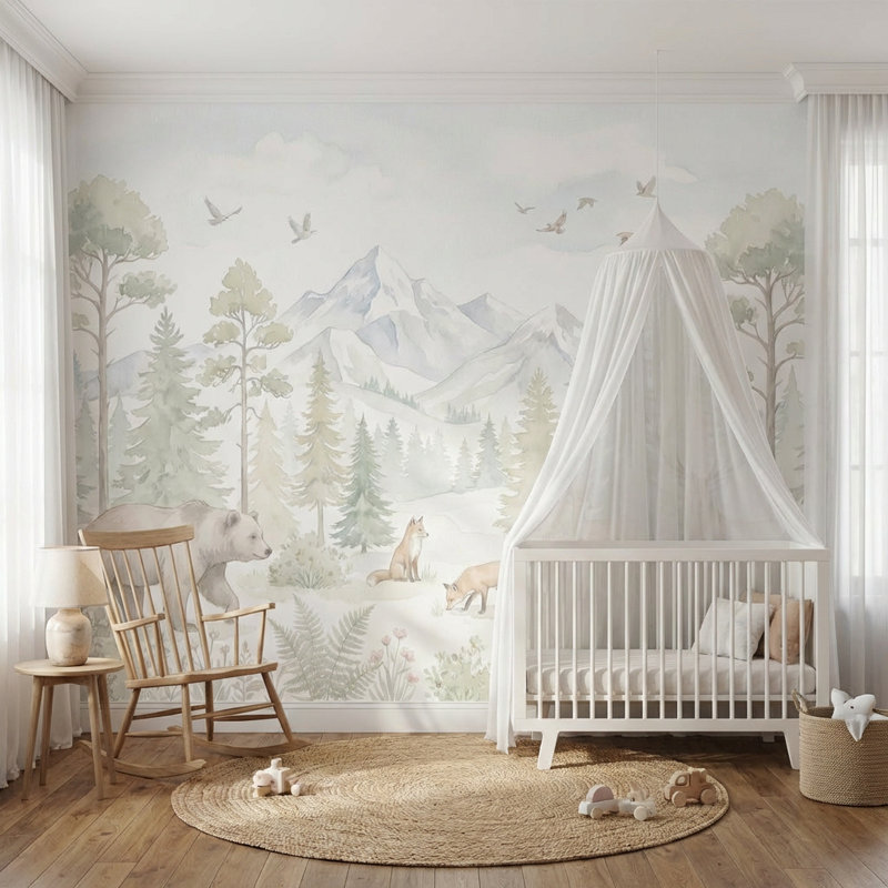 Papier peint paysage aquatique forêt de pin, 120 po x 96 po, Peler et coller