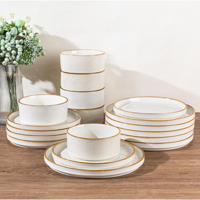 12-Piece Stoneware Dinnerware Set for 4, Scratch-Resistant Ribbed Ceramic Plates and Bowls, Microwave & Dishwasher Safe