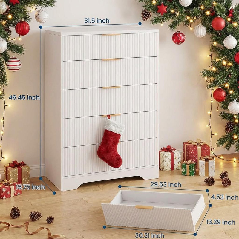 Fluted Wood Dresser 5 Drawers Dresser for Bedroom, Modern White Tall Dressers, Natural Wood Drawer Organizer for Bedroom, Living Room, Hallway, Entryway