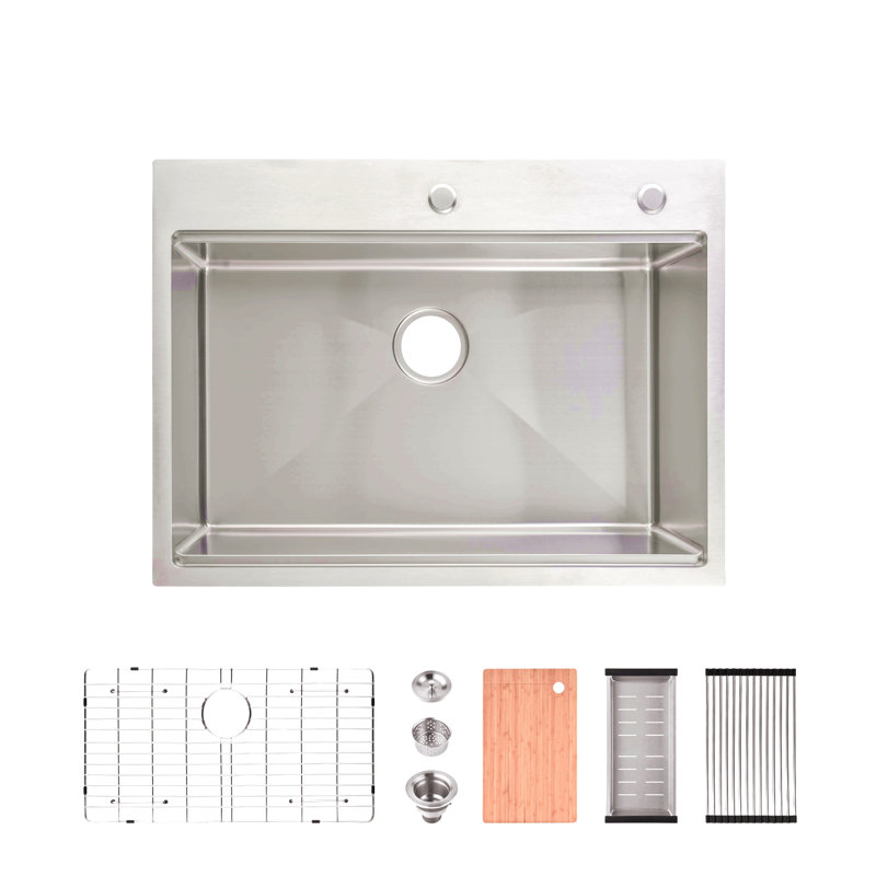 Évier de cuisine en acier inoxydable, bol simple de 30 po x 22 po, lavabo sur pied fait à la main brossé, avec planche à découper, passoire, grille, SS-BR-08