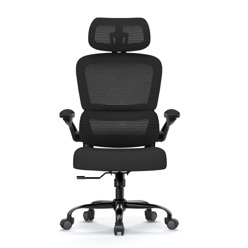 Chaise de bureau ergonomique avec support lombaire, dossier haut en maille, pivotante et à roulettes avec appui-tête, noire