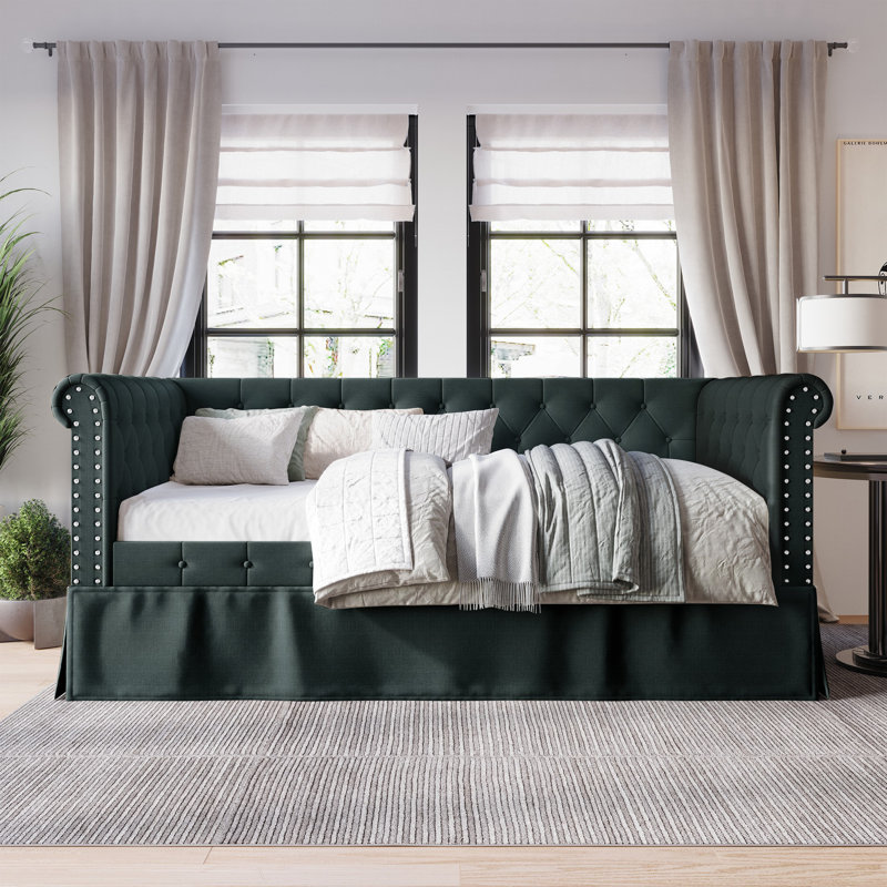 Knolan Upholstered Daybed with Trundle, Charcoal Gray