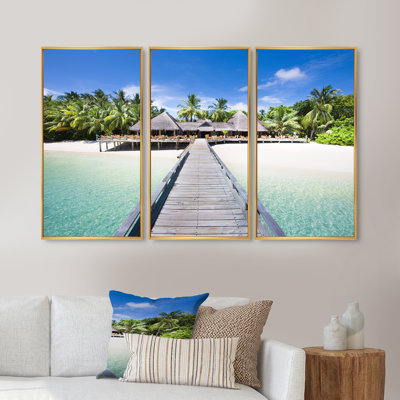 Plage avec cocotiers - ensemble d'art mural sur toile encadré paysage