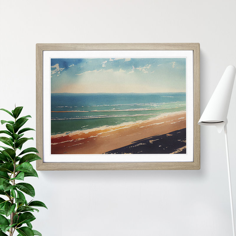 Beach In Watercolour Vol.5 - Single Picture Frame Painting, 46cm H x 64cm W x 2cm D, Oak