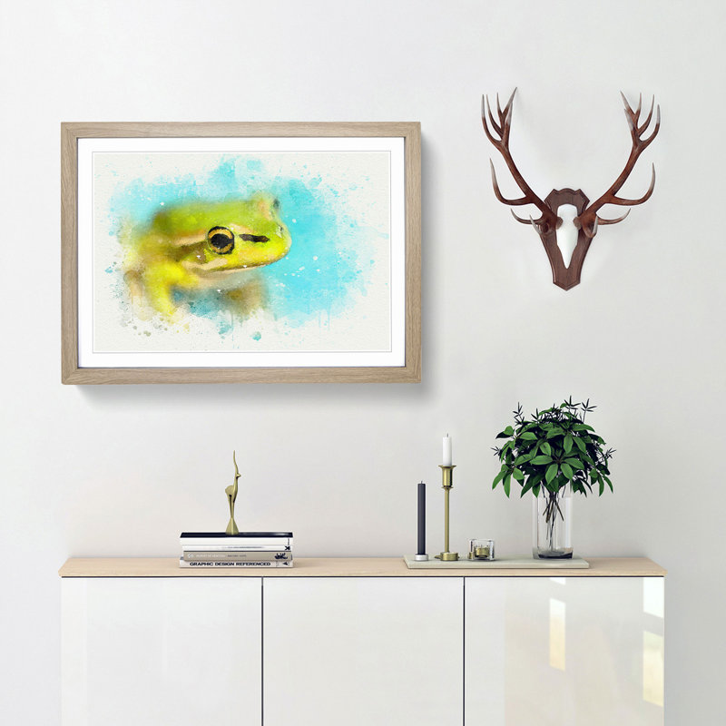 Green Frog in Abstract - Picture Frame Graphic Art Print, 62cm H x 87cm W x 2cm D, Oak Framed