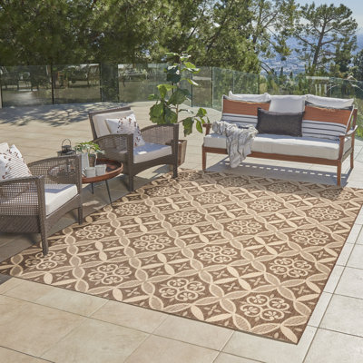 Paseo Gurseerit All-Weather Flatweave Indoor/Outdoor Area Rug, Brown Beige Medallion Checkered – Patio, Deck, Porch & Living Room - Beige, 9x13