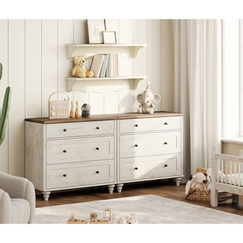 6 - Drawer Kids Dressers Set With Solid Wood Legs, Rustic White