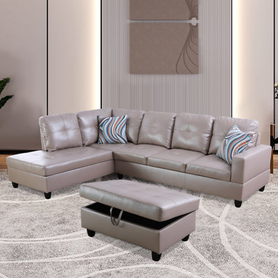 Ensemble de canapé et de méridienne 104 en tissu synthétique blanc avec repose-pieds avec rangement 104 (faisant face à gauche)