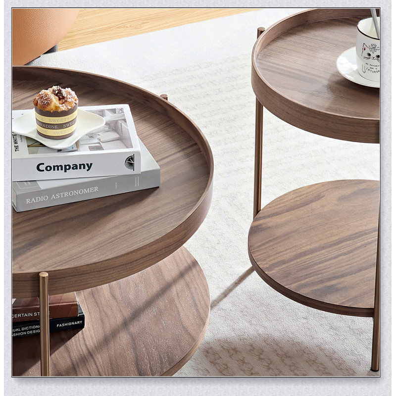 2-Piece Modern 2 tier Round Coffee Table Set for Living Room,Easy Assembly Nesting Coffee Tables, Walnut