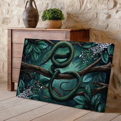 Toile, un serpent vert foncé sinueux s'enroule gracieusement autour d'une branche d'art noueux avec ses échelles chatoyantes avec un éclat subtil