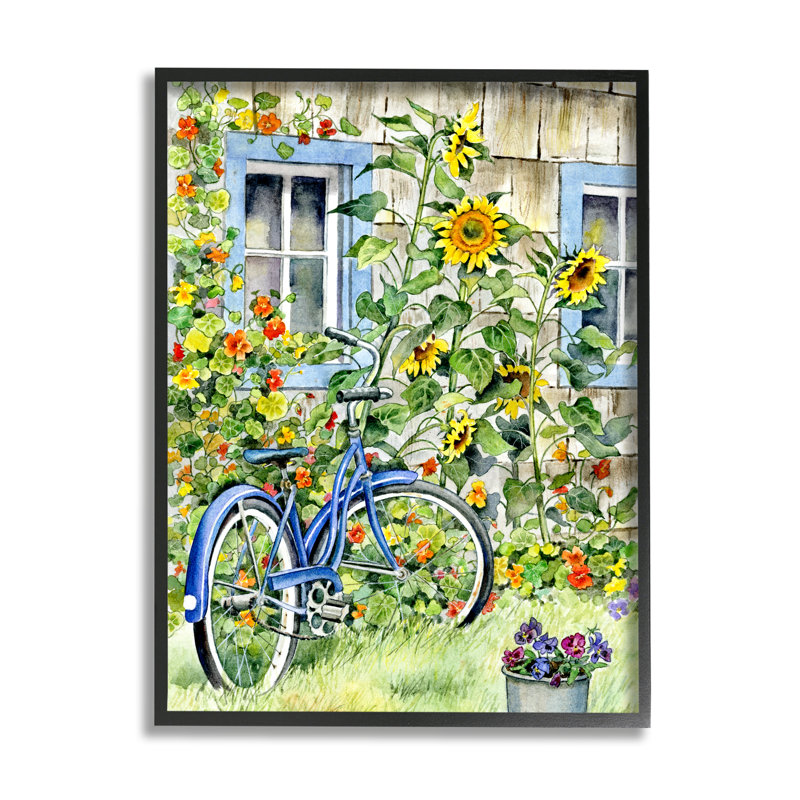 Vélo sur des tournesols traditionnels - Impression sur toile, H 30 po x l 24 po, Giclée encadrée noir minuit