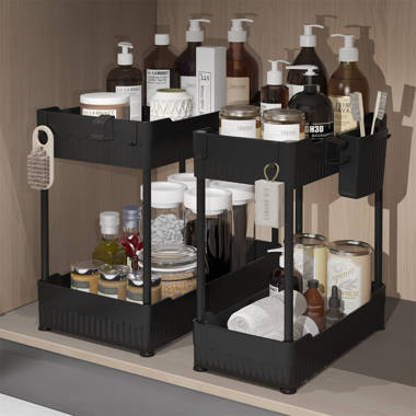 Storagebud 2 Tier Non-Slip Grip Kitchen Under Sink Organizer - Bathroom Cabinet Organizer with Utility Hooks and Side Caddy - 1 Pack - White