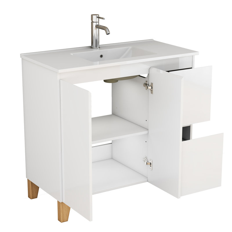 Meuble-lavabo moderne de 91 cm (36 pouces) avec lavabo intégré, 2 portes et tiroirs à fermeture amortie, poignées élégantes, pieds en bois naturel, lavabo en céramique blanche facile à installer, tiroirs et placards de rangement.