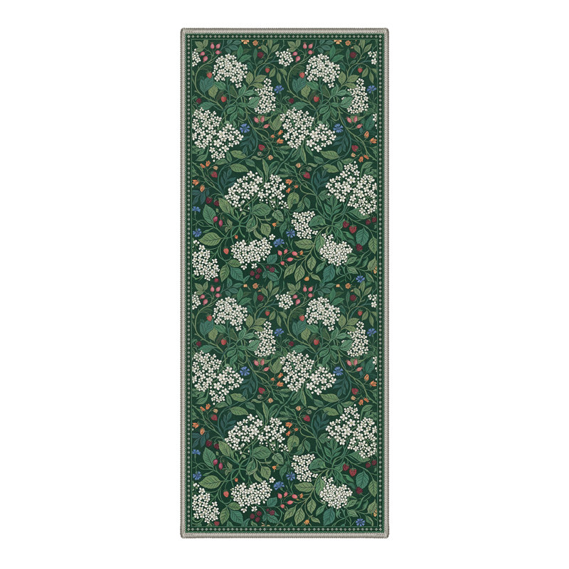 Novara Floral Modern  Machine Washable Green / White Indoor Area Rug with Non-Slip Backing, Runner 2' x 6'