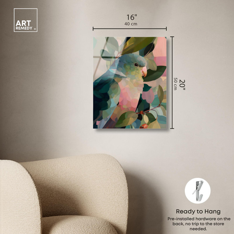 «Parrot Pastel Greens I», reproduction sur acrylique à décor tropical par Art Remedy, H 20 po x l 16 po