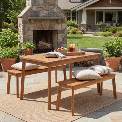 Ensemble de table et banc 3 pièces en bois d'acacia avec 2 bancs pour l'extérieur et l'intérieur, finition naturelle