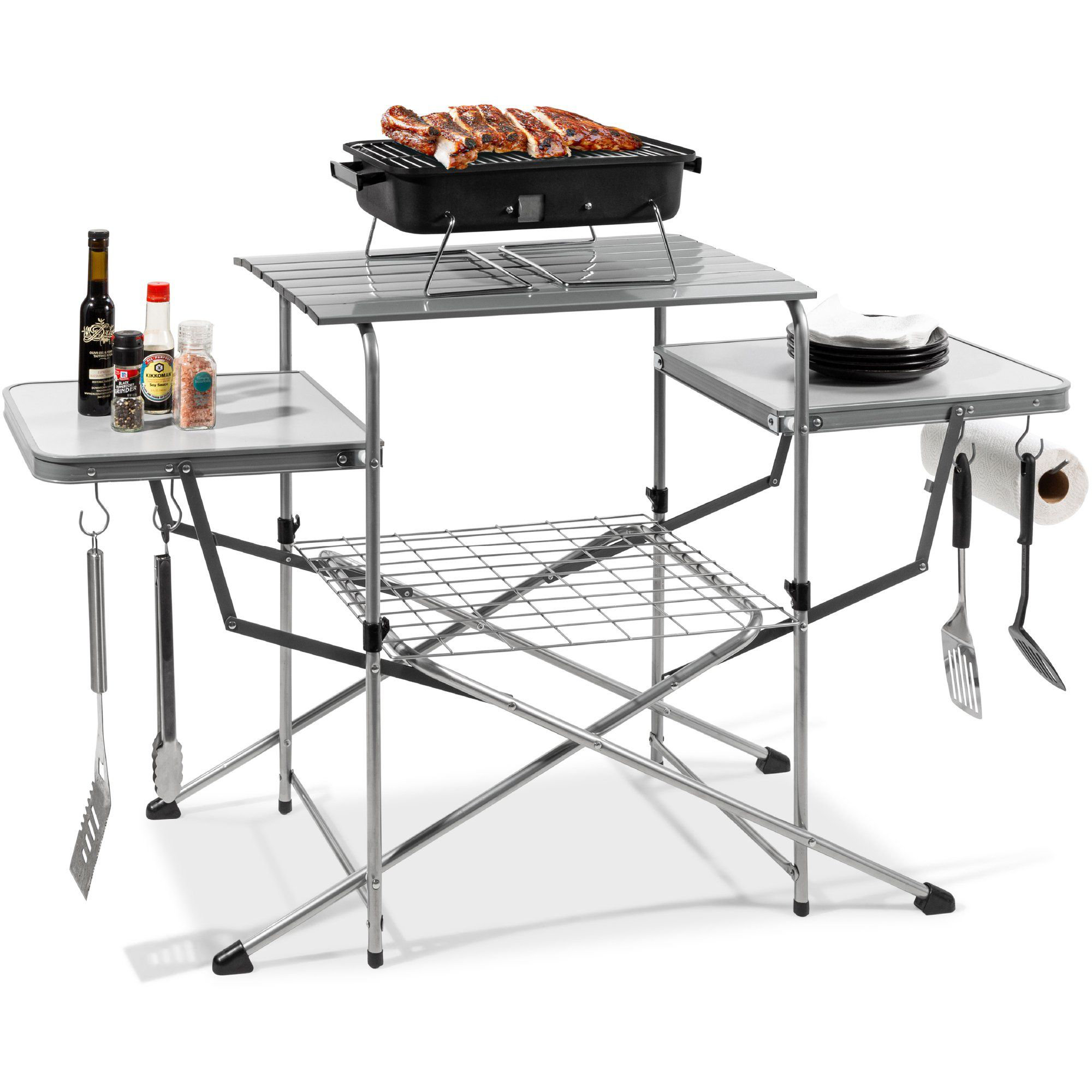 Goplus Folding Grill Table, Aluminum Camping Table with 26'' Main Tabletop,  Hooks and Carry Bag, Portable Picnic Table Grill Stand for Outdoor