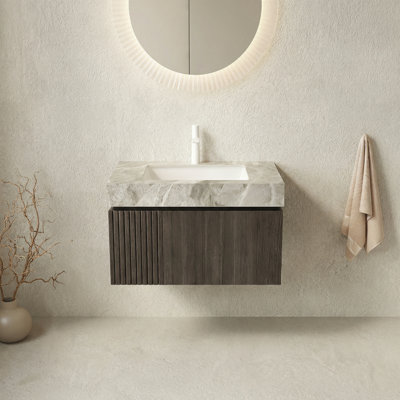 30-Inch Bathroom Vanity With Sink, Floating Plywood Storage Cabinet, Light Gray Sintered Stone Countertop, Rich Coffee-Brown Wood Grain Finish