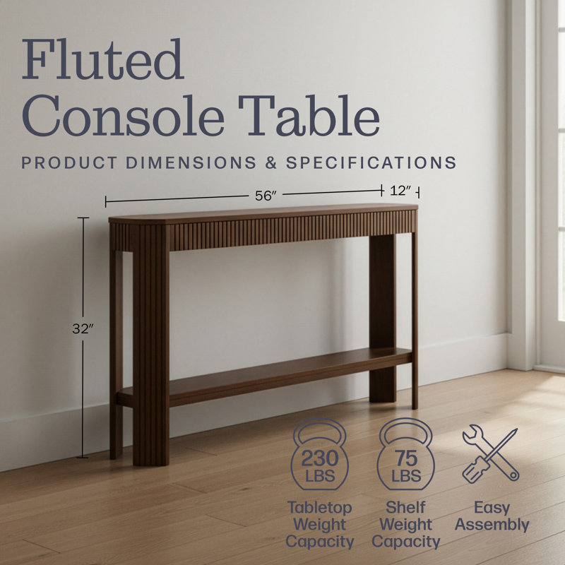 Fluted 56-Inch Console Table with Storage Shelf, Brown, Brown