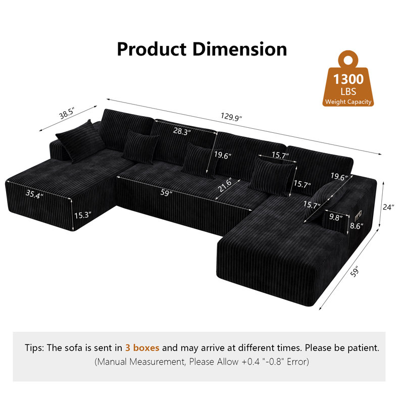 3 - Piece 129.9" U-shaped Convertible Sofa With Chaise Lounge, Modern Sofa Modular Sectional Cloud Couch, 4-seat Deep Seat Sofa With 9 Pillows, Boneless Sofa Couch For Livingroom Bedroom Apartment, Compression Sofa In A Box, No Assembly Required
