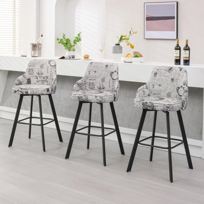 Swivel Linen Upholstered Bar Stool with High Back (Set of 3)