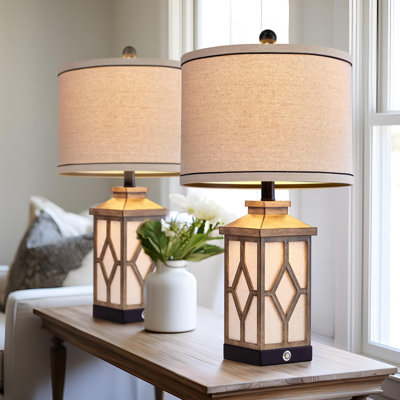 Ensemble de 2 lampes de table Boho avec ports de charge USB A + C, lampes de chevet de ferme à commande tactile à intensité variable à 3 voies pour chambre à coucher, salon, tables de chevet, base en bois et abat-jour en lin