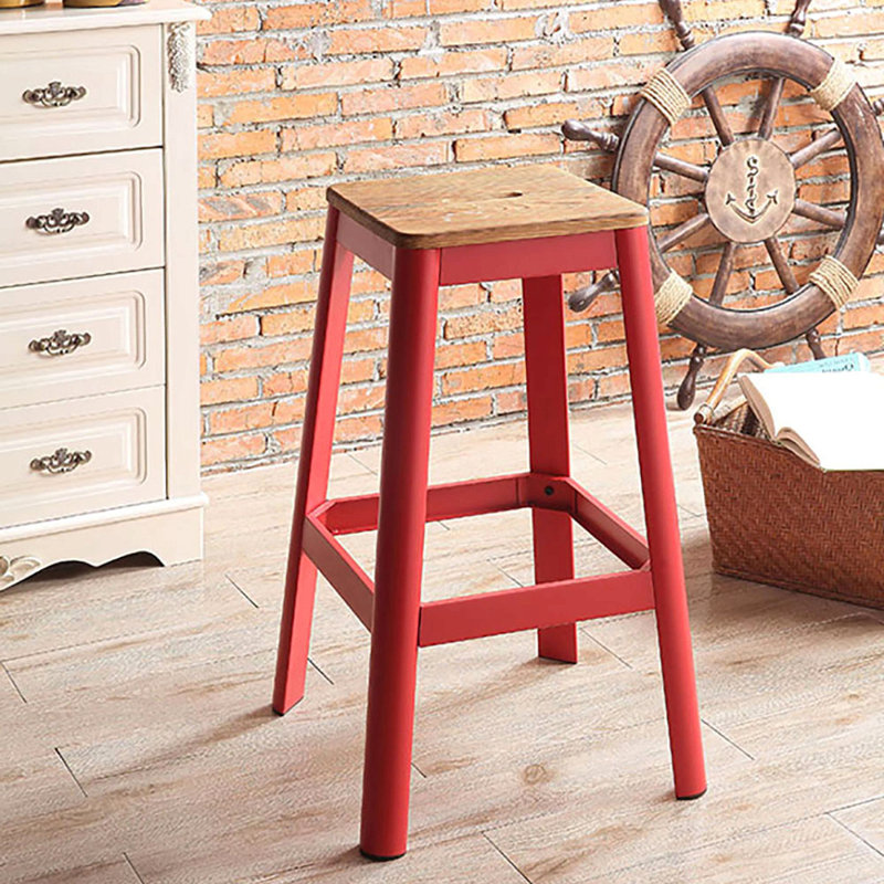Armless Bar Stool With Crossbar Support, Red