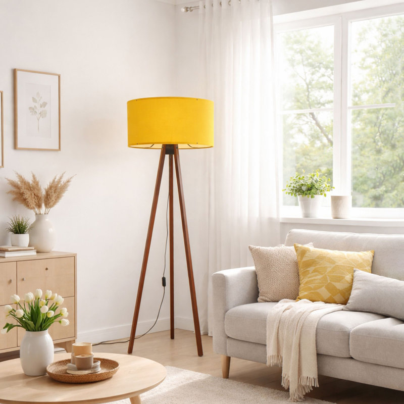 Scandinavian Floor Lamp, Yellow & Brown, 45.7 x 55.1 x 45.7 inches | 70% MDF & 30% PVC Fabric, 115.0 cm Height | E27 Socket Max 40W, On/Off Switch on Cable | Stylish & Functional, Perfect for Modern Living Spaces